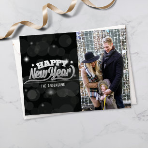 Happy New Years Typografie Foto Zwarte Bokeh Briefkaart
