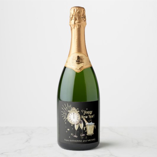 Happy Nieuwjaar CadeauGold Glitter Sparkling Wijnetiket (Voorkant)