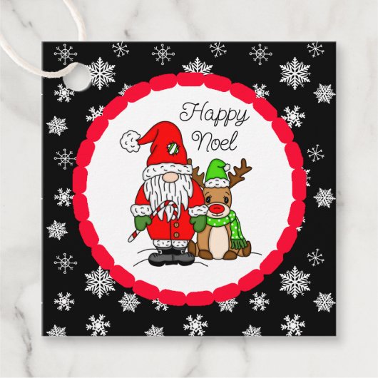 Happy Noel Gnome Santa en Reindeer Kerstmis Bedankjes Labels (Voorkant)