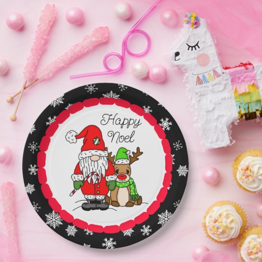Happy Noel Gnome Santa en Reindeer Kerstmis Papieren Bordje (Feest)