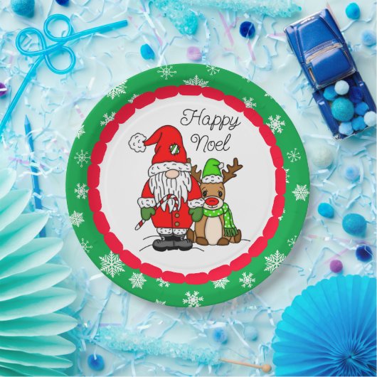 Happy Noel Gnome Santa en Reindeer Kerstmis Papieren Bordje (Feest)