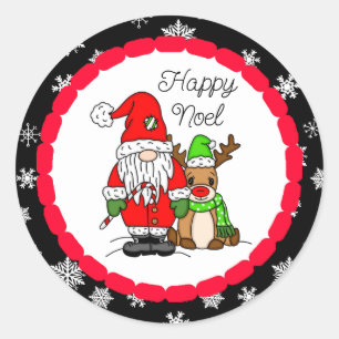 Happy Noel Gnome Santa en Reindeer Kerstmis Ronde Sticker