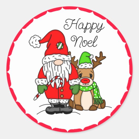 Happy Noel Gnome Santa en Reindeer Kerstmis Ronde Sticker (Voorkant)