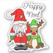 Happy Noel Gnome Santa en Reindeer Kerstmis Sticker (Voorkant)