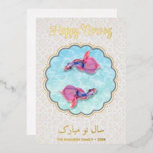 Happy Norooz Mubarak Fish Orient Colorful Pattern Folie Feestdagenkaart