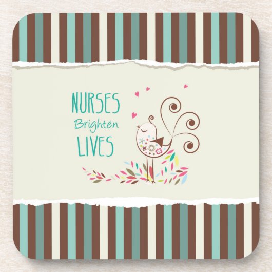 Happy Nurses Day, Cute Bird on Stripes Bier Onderzetter (Voorkant)