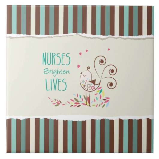 Happy Nurses Day, Cute Bird on Stripes Tegeltje (Voorkant)
