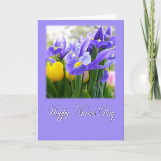 Happy Nurses Day Paarse iris en gele tulpen Kaart (Voorkant)