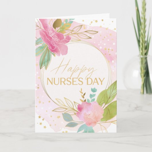 Happy Nurses Day Roze Bloemen Goud en Groene Kaart (Voorkant)