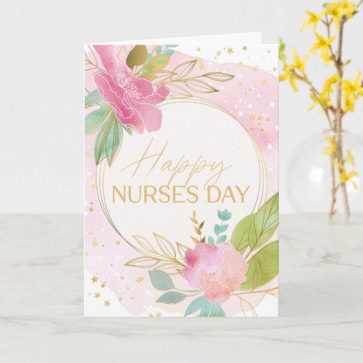 Happy Nurses Day Roze Bloemen Goud en Groene Kaart (Gele Bloem)