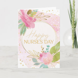 Happy Nurses Day Roze Florals Gold en Green Card Kaart