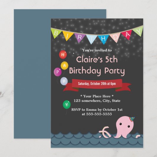 Happy Octopus Sterrennacht Birthday-uitnodigingen Kaart (Voorkant / Achterkant)