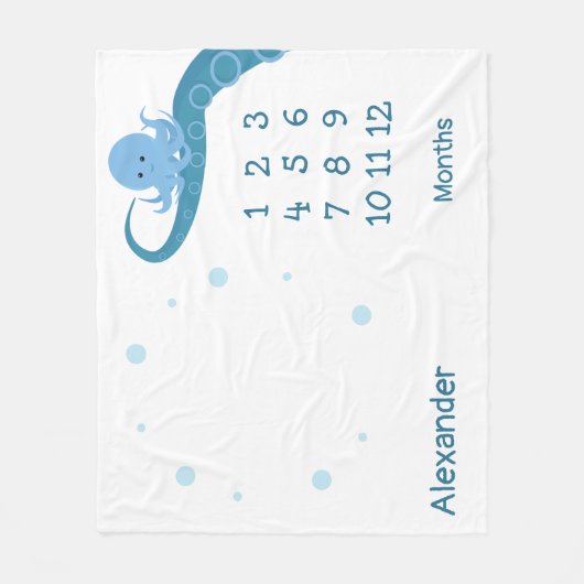 Happy Octopus White Blue Name Animal Milestone Fleece Deken (Voorkant)