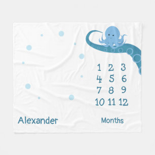 Happy Octopus White Blue Name Animal Milestone Fleece Deken