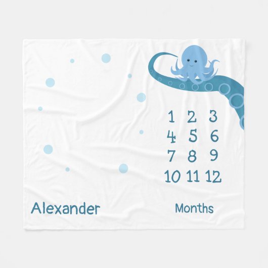 Happy Octopus White Blue Name Animal Milestone Fleece Deken (Voorkant (Horizontaal))
