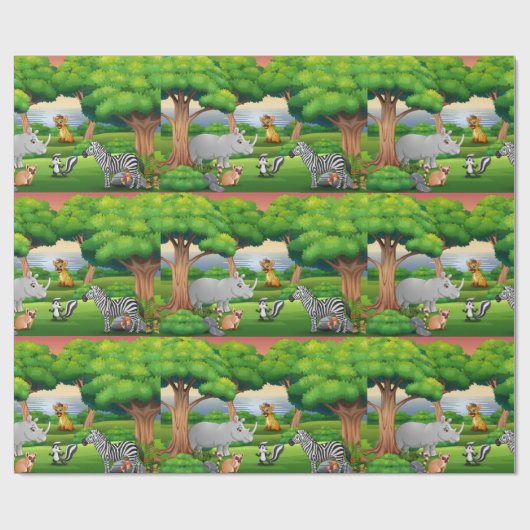 Happy Oerwoud Animals in een landschap Cadeaupapier (Vlak)