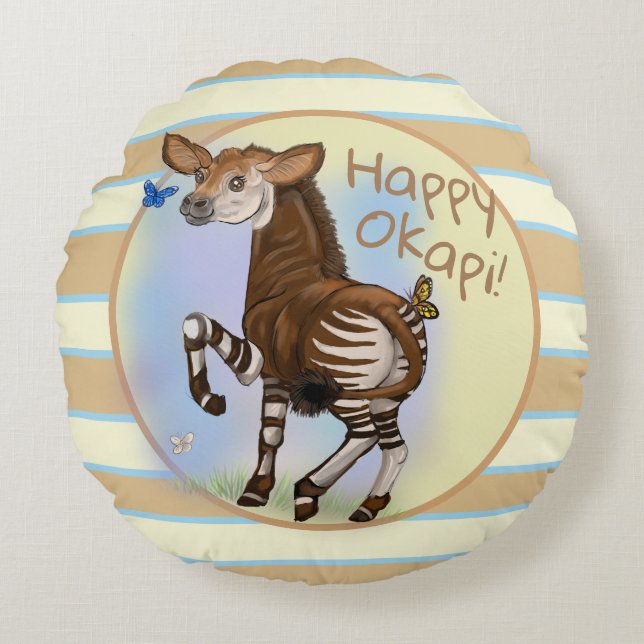 Happy Okapi. Rond Kussen (Voorkant)