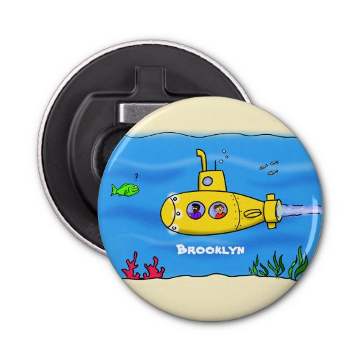 Happy-onderzeeër-cartoon Button Flesopener (Voorkant)