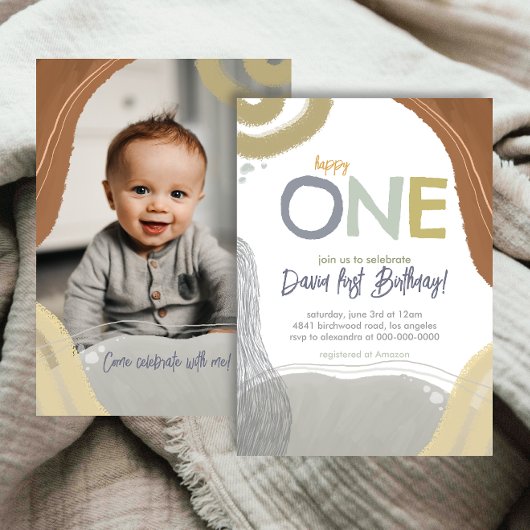 Happy One First Birthday Photo boy Invitation Kaart