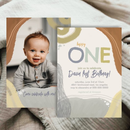 Happy One First Birthday Photo boy Invitation Kaart