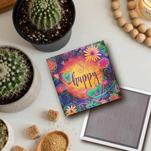 Happy ONE WORD Inspirativiteit Leuke Bloemenharten Magneet