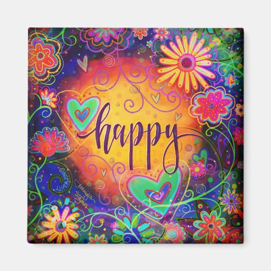 Happy ONE WORD Inspirativiteit Leuke Bloemenharten Magneet (Voorkant)