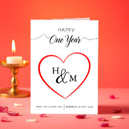 Happy One Year Elegant Monogram Hart Jubileum Kaart