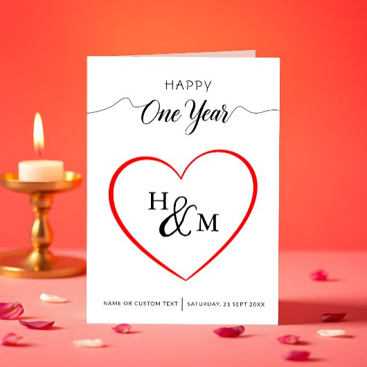 Happy One Year Elegant Monogram Hart Jubileum Kaart