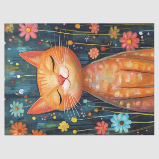 Happy Oranje Cat Whimsical Flowers Decoupage Tissuepapier (Voorkant)