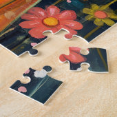 Happy Oranje Cat Whimsical Flowers Legpuzzel (Zijkant)