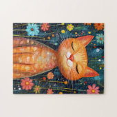 Happy Oranje Cat Whimsical Flowers Legpuzzel (Horizontaal)