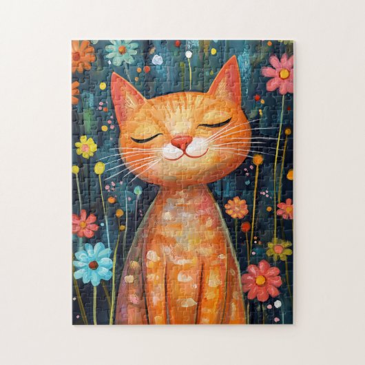 Happy Oranje Cat Whimsical Flowers Legpuzzel (Verticaal)