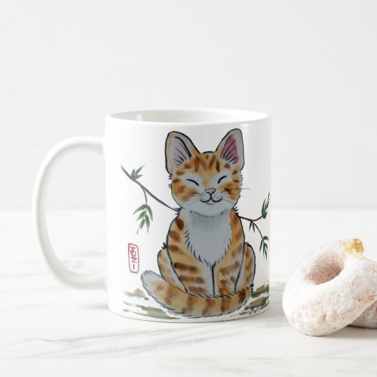 Happy Oranje Tabby Cat Waterverf Oriental Style Koffiemok (Met donut)