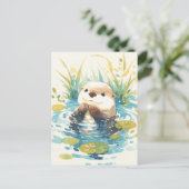 Happy Otter in Watercolor Lily Pond Briefkaart (Staand voorkant)