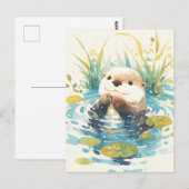Happy Otter in Watercolor Lily Pond Briefkaart (Voorkant / Achterkant)