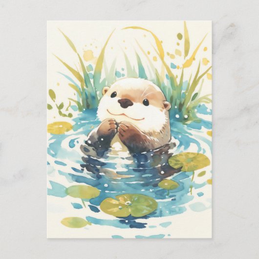 Happy Otter in Watercolor Lily Pond Briefkaart (Voorkant)