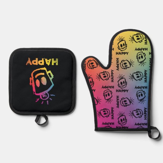 HAPPY Oven Mitt en Pot Houders Ovenwant & Pannenlap Set (Voorkant)