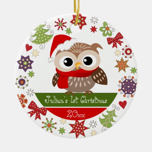 Happy Owl 1st kerstversiering Keramisch Ornament (Voorkant)