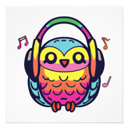 Happy Owl met hoofdtelefoons die naar muziek luist Foto Afdruk