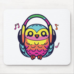Happy Owl met hoofdtelefoons die naar muziek luist Muismat