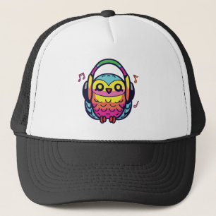 Happy Owl met hoofdtelefoons die naar muziek luist Trucker Pet