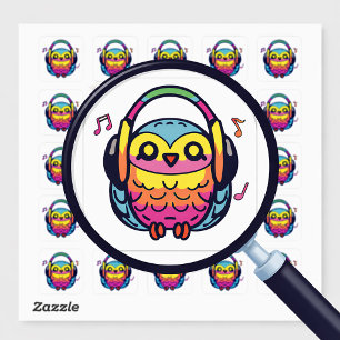 Happy Owl met hoofdtelefoons die naar muziek luist Vierkante Sticker