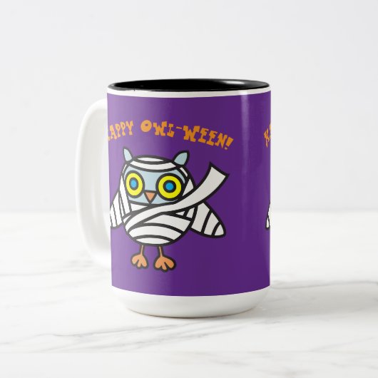 Happy Owl-Ween! Uil Mummy Halloween Coffee Mok (Voorkant links)