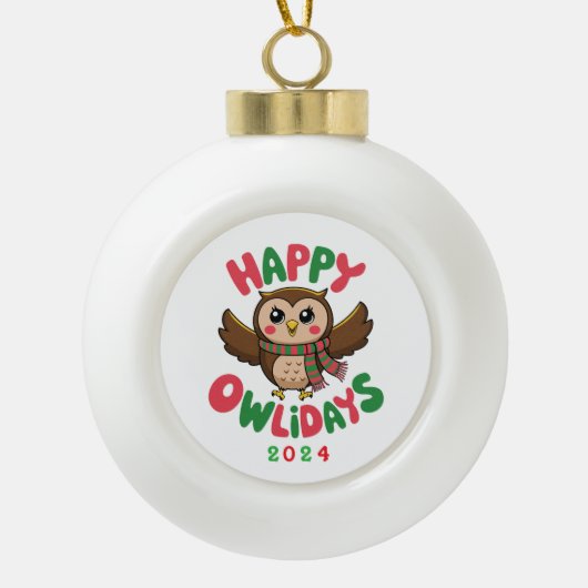 Happy Owlidays Keramische Bal Ornament (Voorkant)