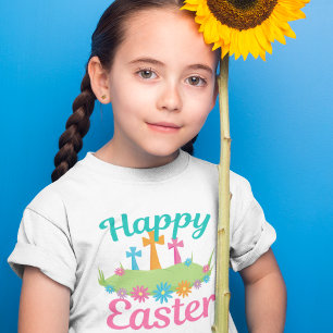 Happy Paasbloemen Christelijk Cross Schattig Kinde T-shirt