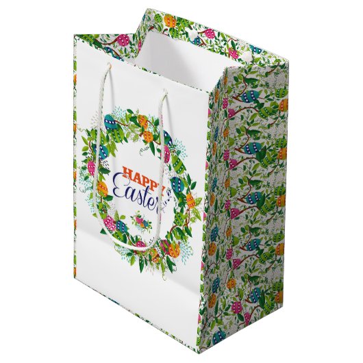 Happy Paaskleurige bloemen en eieren met adem Medium Cadeauzakje (Voorkant Gekanteld)