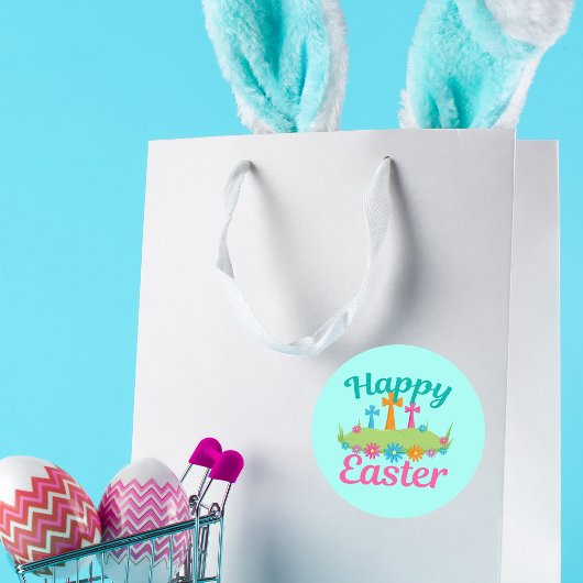 Happy Paast Beauful Religious Flowers Crosses Ronde Sticker