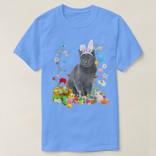 Happy Paast Bunny Cat Russian Blue Eggs Bask T-shirt (Design voorkant)