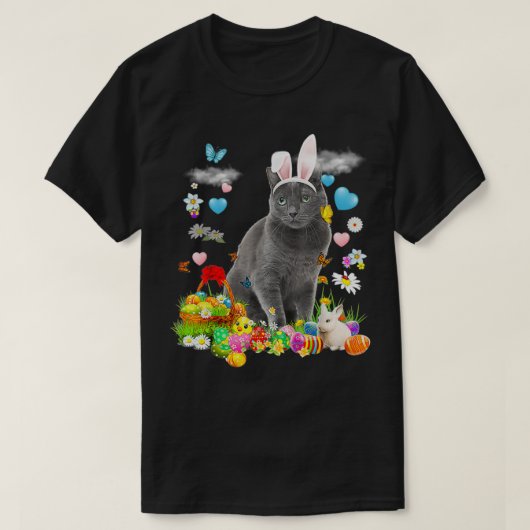 Happy Paast Bunny Cat Russian Blue Eggs Bask T-shirt (Design voorkant)