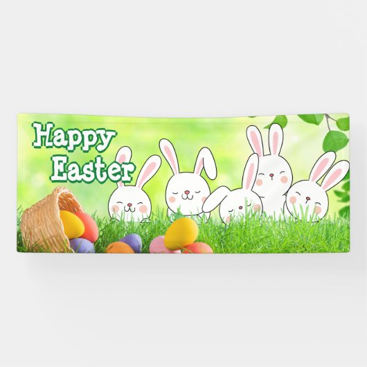 Happy Paast Bunny Easter Easter Easter Basket Spandoek (Horizontaal)